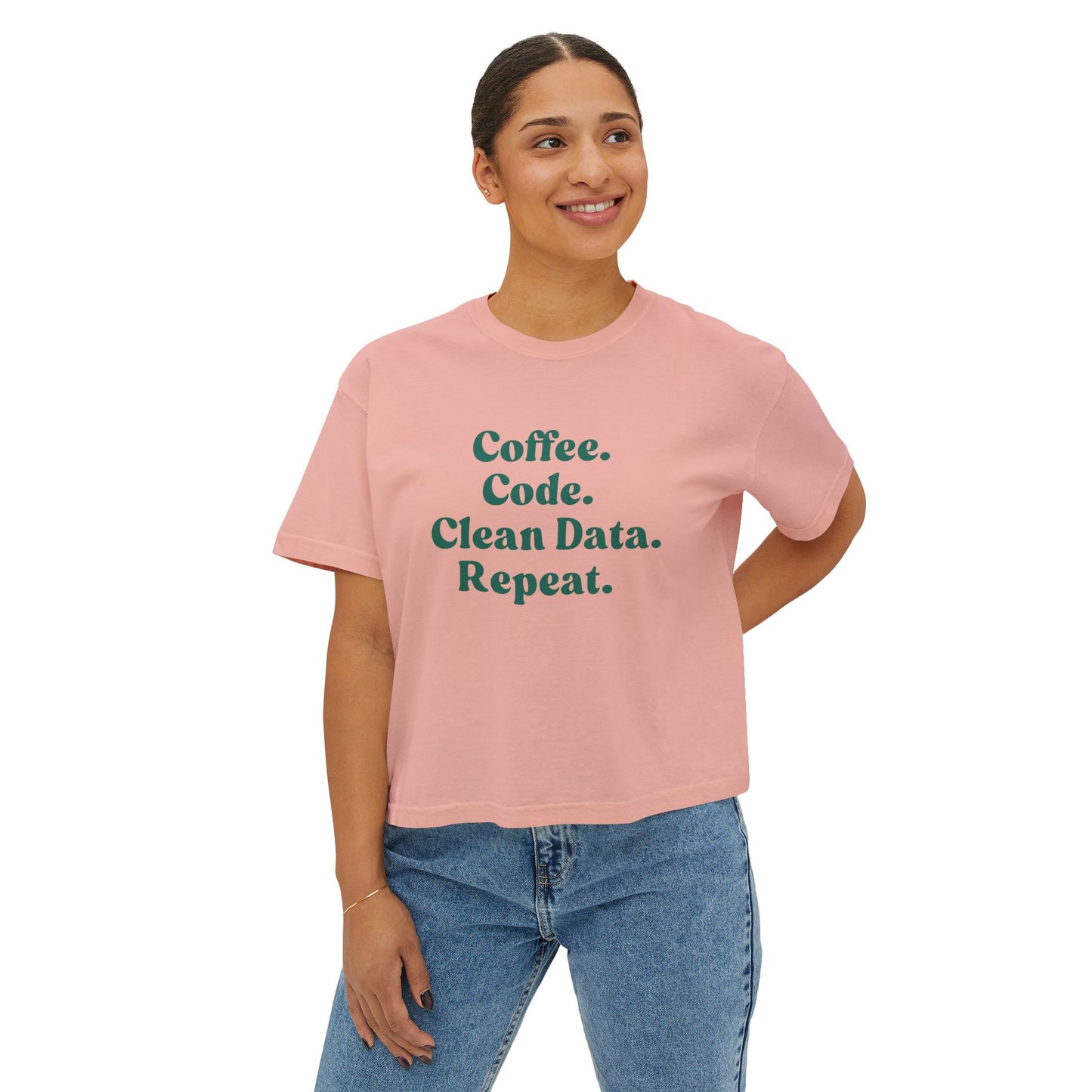 Coffee Code Clean Data Repeat Tee, Tech Shirt, Programmer Gift, Cute Boxy Top, Gift for Her, Coding Humor Tee