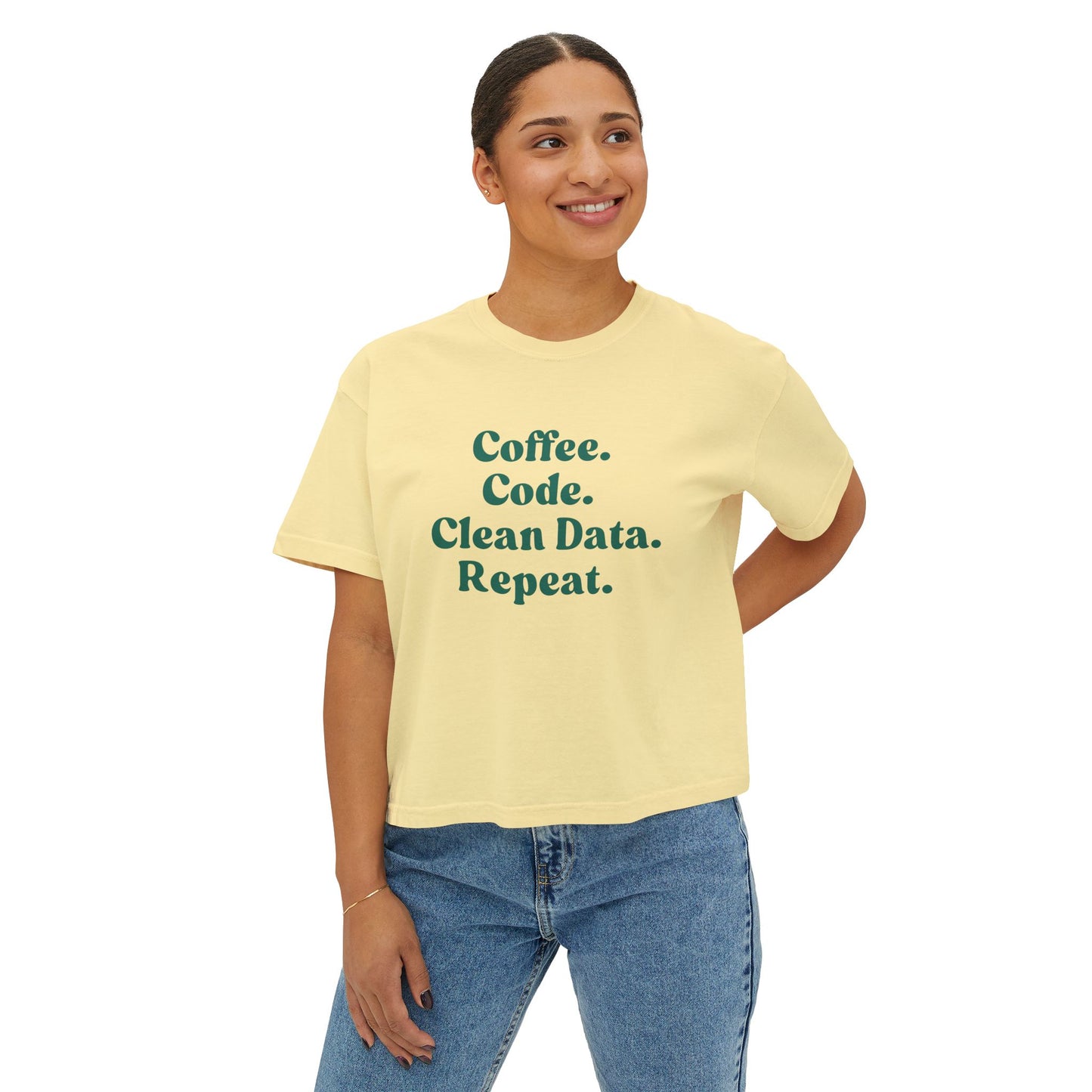Coffee Code Clean Data Repeat Tee, Tech Shirt, Programmer Gift, Cute Boxy Top, Gift for Her, Coding Humor Tee