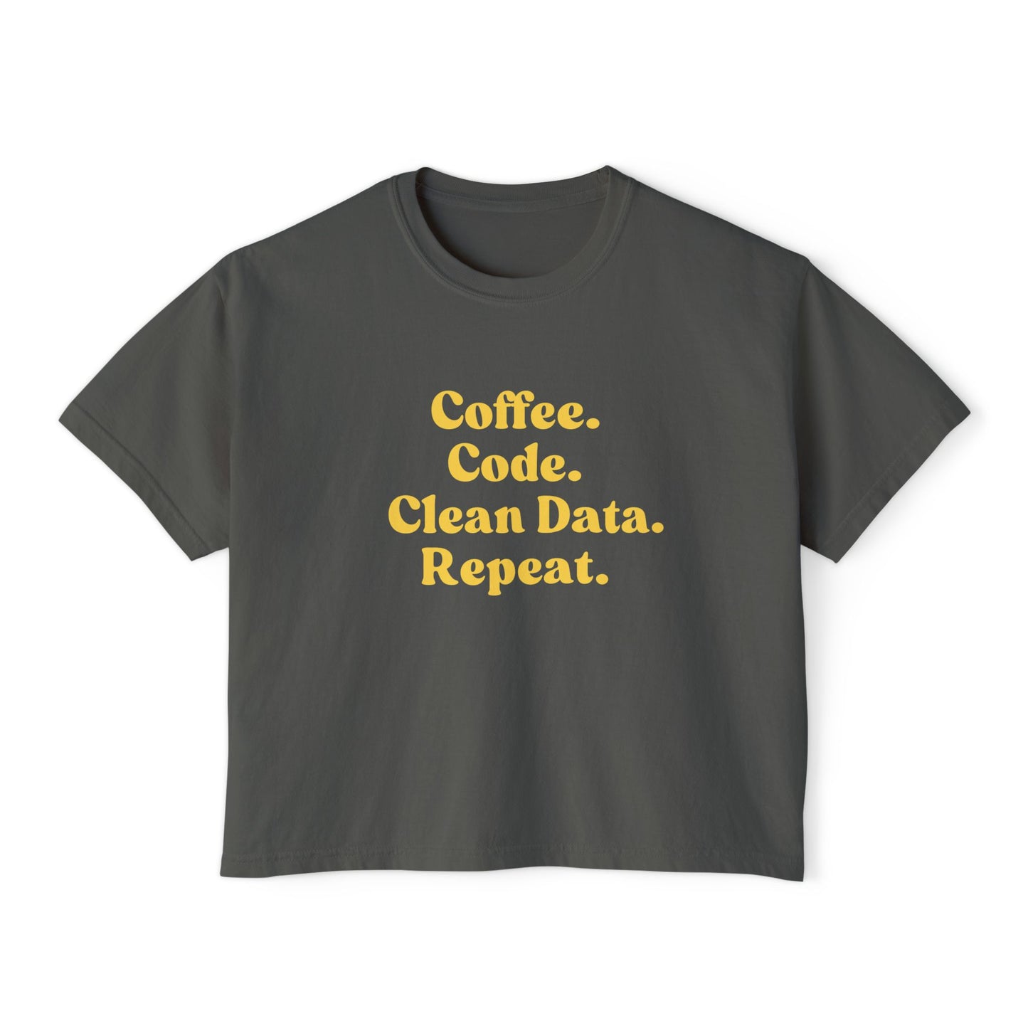 Coffee Code Clean Data Repeat Tee, Tech Shirt, Programmer Gift, Cute Boxy Top, Gift for Her, Coding Humor Tee