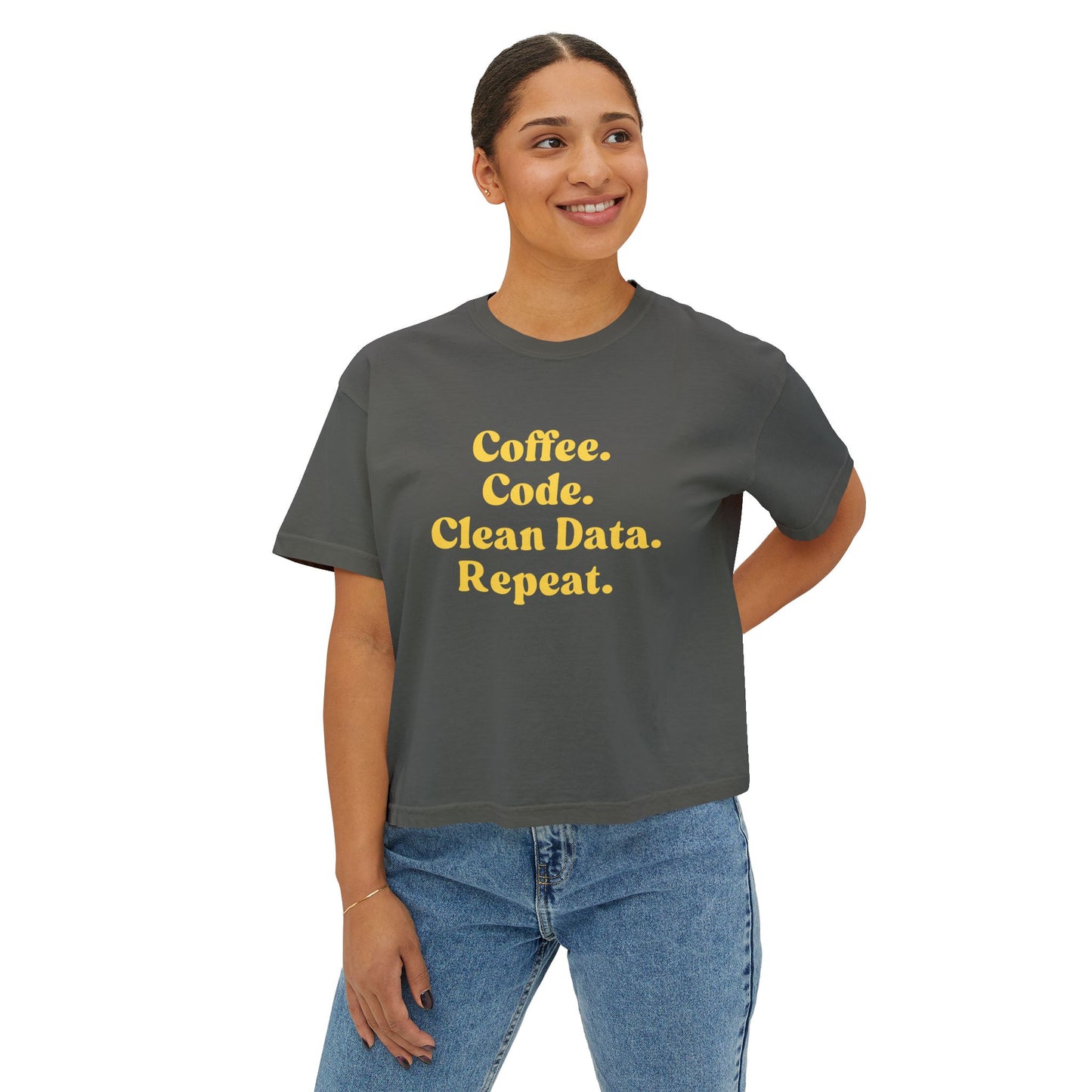 Coffee Code Clean Data Repeat Tee, Tech Shirt, Programmer Gift, Cute Boxy Top, Gift for Her, Coding Humor Tee
