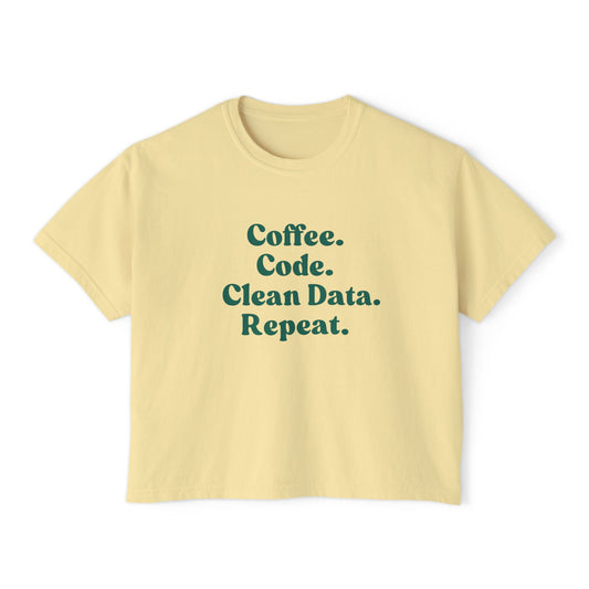 Coffee Code Clean Data Repeat Tee, Tech Shirt, Programmer Gift, Cute Boxy Top, Gift for Her, Coding Humor Tee